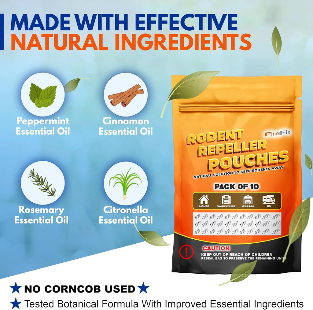 FINEFIX Pack of 10 Mouse Repellent Pouches Prepared with a Modified Botanical Formula Which Produces Scents That Deter Mice Pest Control for Home Basement Garage Barn Boat RVs