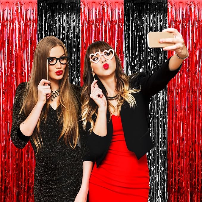 4 Pack Foil Fringe Curtain Backdrop, 3.28Ft x 8.2Ft Metallic Tinsel Foil Fringe Streamers for Photo Booth, Wedding, Casino Viva Las Vegas Game Night Birthday Party Decoration (Black Red)