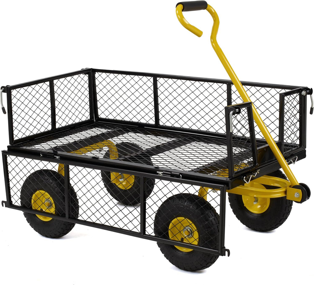 Finnhomy Heavy Duty 1000 Lbs Capacity Mesh Steel Garden Cart, Pullable Garden Wagons Carts on Wheels, Folding Utility Wagon with Removable Sides for Outdoor, Yard, Lawn, Yellow