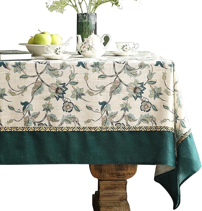 patdrea Designer Green Linen Table Cloth for Rectangle Table,Vintage Floral Pattern Durable Tablecloth,French Cover Decor for Kitchen Dining,Christmas,Thanksgiving,Tea Party,63"x87"-Noah