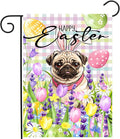 Happy Easter Dog Garden Flag Pug Spring Flags Buffalo Plaid Bunny Eggs Yard Flag for Outside 12x18 Double Sided Small Decorative Floral Outdoor Flag