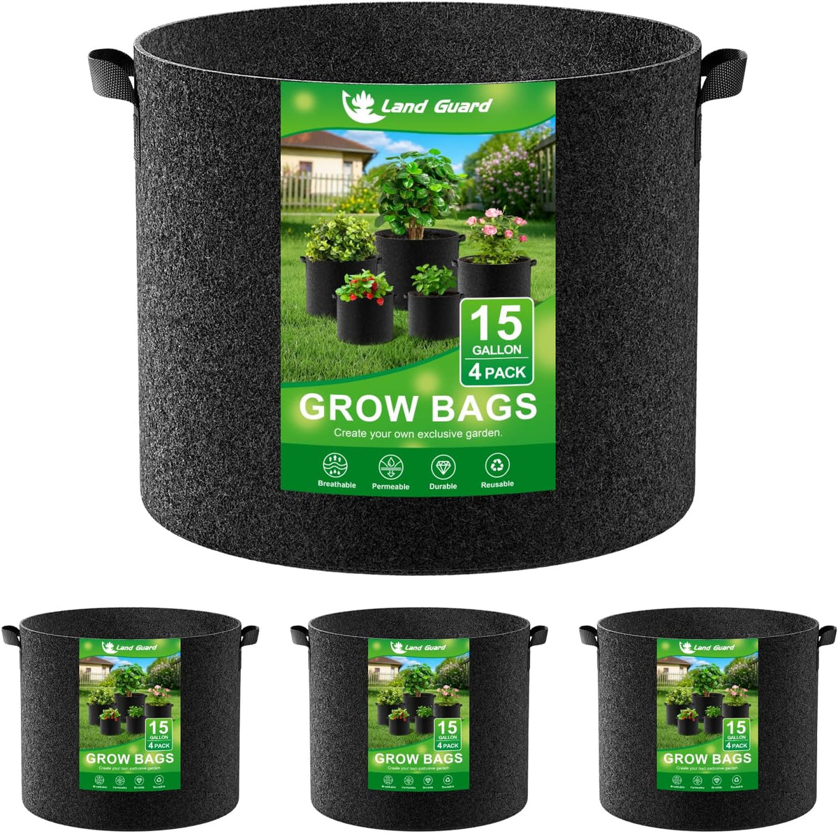 Land Guard 4-Pack Fabric Grow Bags 15 Gallon, Thickened Nonwoven Garden Pots, Growing Bags with Handles, Black