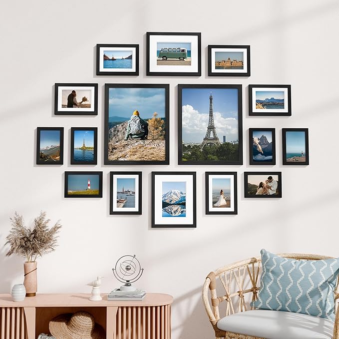 Vittanly 16 Pack Picture Frames, Gallery Wall Frame Set with 2Pcs 11x14, 2Pcs 8x10, 6Pcs 5x7 and 6Pcs 4x6 Photo Frames, Picture Frames Collage Wall Decor for Wall or Tabletop Display, Black
