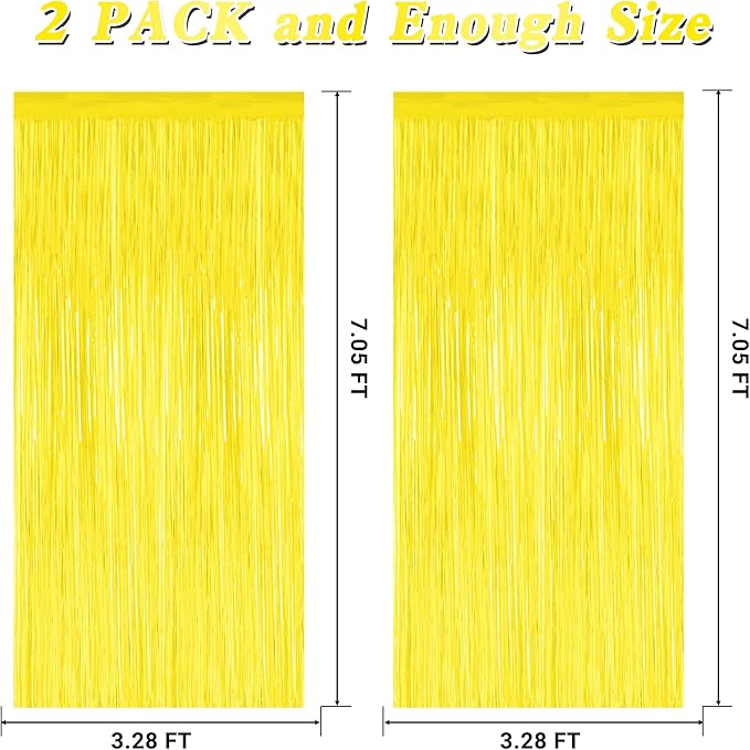 2 Pack Backdrop Curtains, 3.28 FT x 7.05 FT Yellow Color Tinsel Backdrop, Metallic Foil Backdrop Fringe Curtains Party Streamer, Party Decorations Photo Backdrop for Birthday