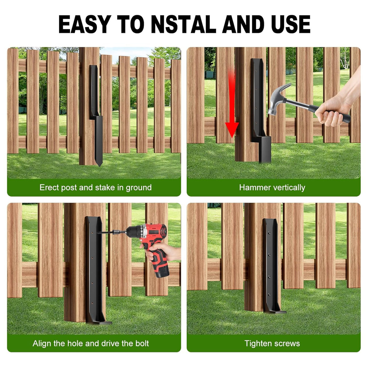 One-Piece Fence Post Repair Kit，Heavy Duty Steel Fence Post Anchor Ground Spike ，Quick Fix Broken/Leaning Wood Posts with，and Fixed Fence Posts（4-Pack）