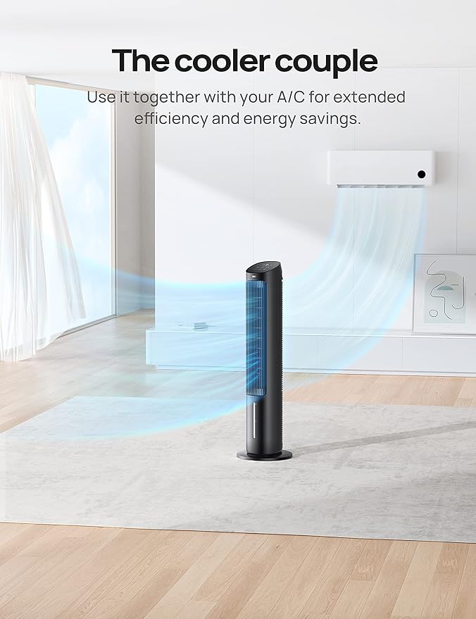 Dreo Evaporative Air Cooler, 40” Standing Fans that Blow Cold Air, 80° Oscillating Bladeless Cooling Fan for Bedroom, Swamp Cooler, Removable Water Tank, Ice Pack, Remote, 3 Mode 4-Speed, Black