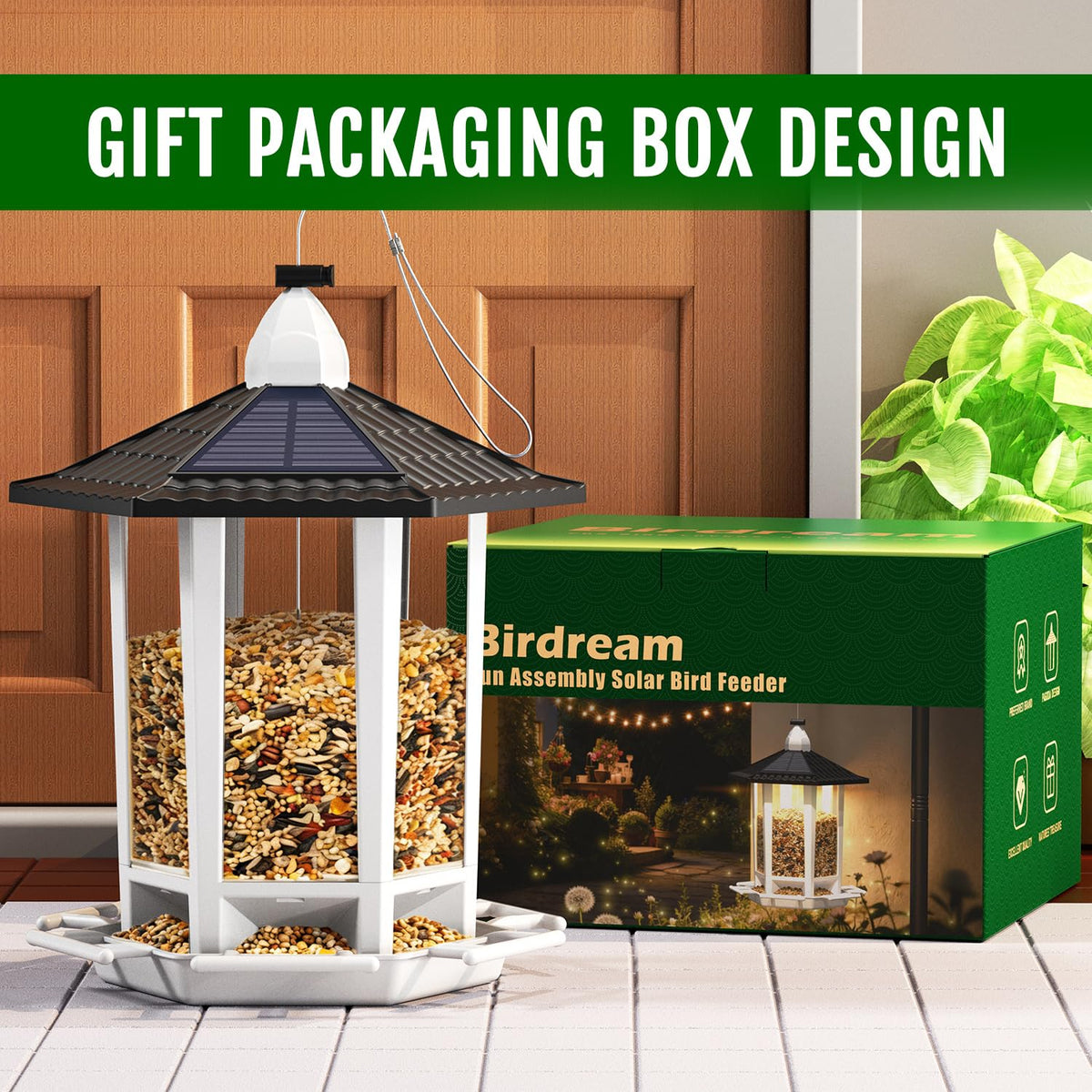 Birdream 2 Pack Solar Bird Feeders for Outdoors Hanging, Assembly Required, 1-Min Easy Setup, Wild Seed Feeders for Cardinals Chickadees and Finches