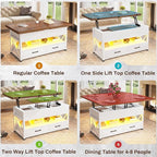 Itaar 40" Lift Top Coffee Table, 4 in 1 White Coffee Tables with Storage for Living Room, Small Coffee Table with 2 Drawers & LED Light for Dining Room, White and Rustic Brown