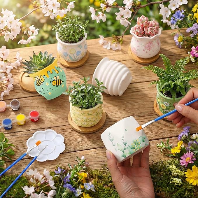 Leitee Flower Pots 3 Inch Paint Your Own Ceramic Pot Craft Kit Ready-to-Paint Small Succulent Pots Bulk with Drainage Hole Paint Set Mini Paintable Plant Vase for Spring Birthday DIY Gift(30pcs)