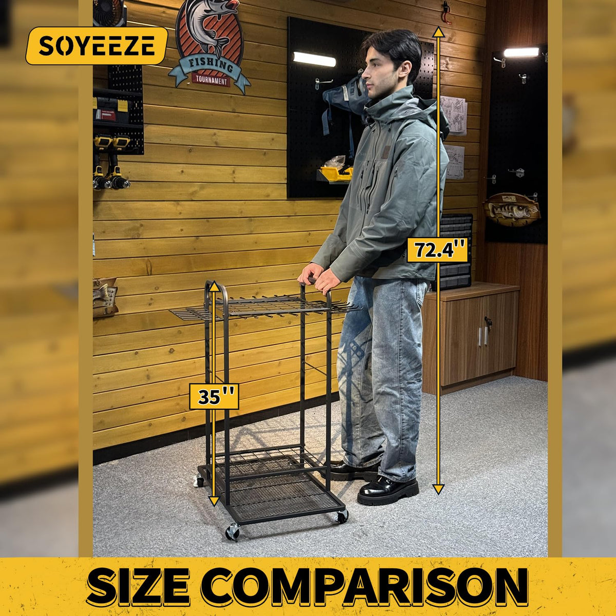 SOYEEZE Garden Tool Organizer with Lockable Wheels, Heavy Duty 3-Tier Yard Tower Tool Rack for Garage, Holds Up to 35 Long-Handled Tools, Garden Tool Cart with 12 Hooks for Tool Organization Storage