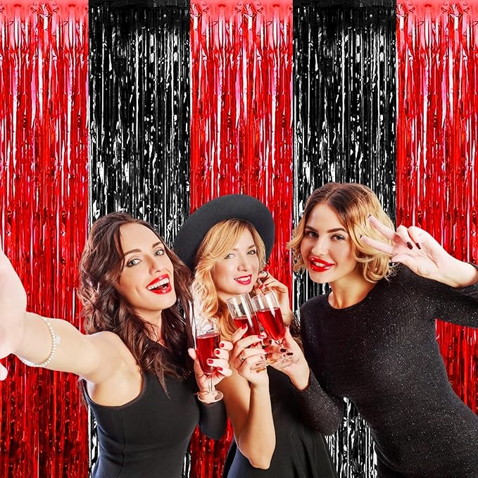4 Pack Foil Fringe Curtain Backdrop, 3.28Ft x 8.2Ft Metallic Tinsel Foil Fringe Streamers for Photo Booth, Wedding, Casino Viva Las Vegas Game Night Birthday Party Decoration (Black Red)
