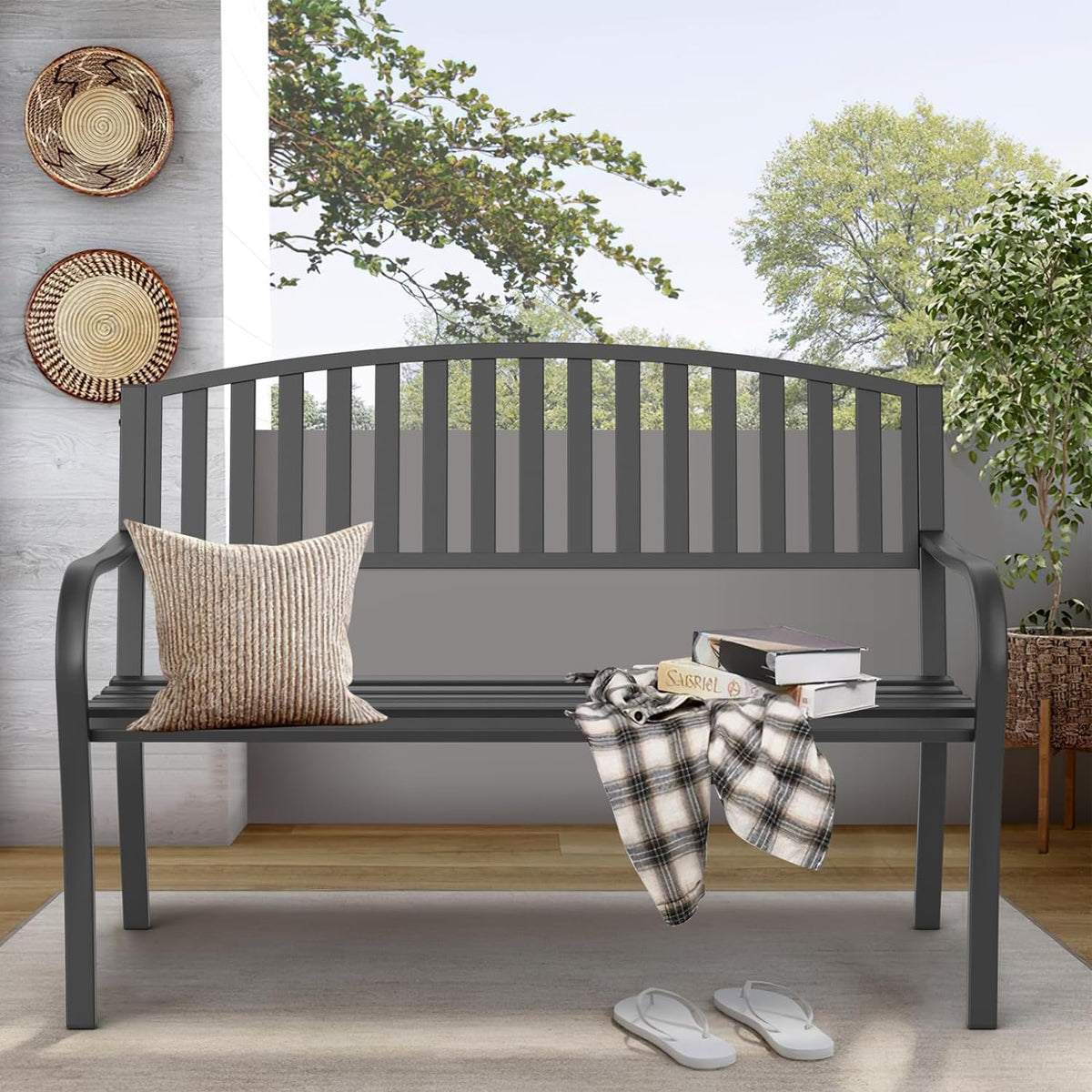 On Shine 50'' Outdoor Bench Weatherproof, Cast Iron All Metal Frame Garden Bench, Anti-Rust Patio Park Bench Clearance for Front Porch, Yard, Lawn, Deck