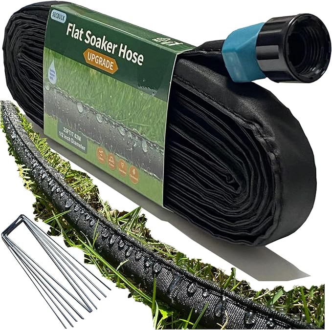 Secbulk 2026 Flat Soaker Hose 25 ft with Stakes for Garden, 25ft Linkable Drip Hose Diy Garden Irrigation System Saving 80% Water, Dual-layer Leak-free Design Water Hose with Holes