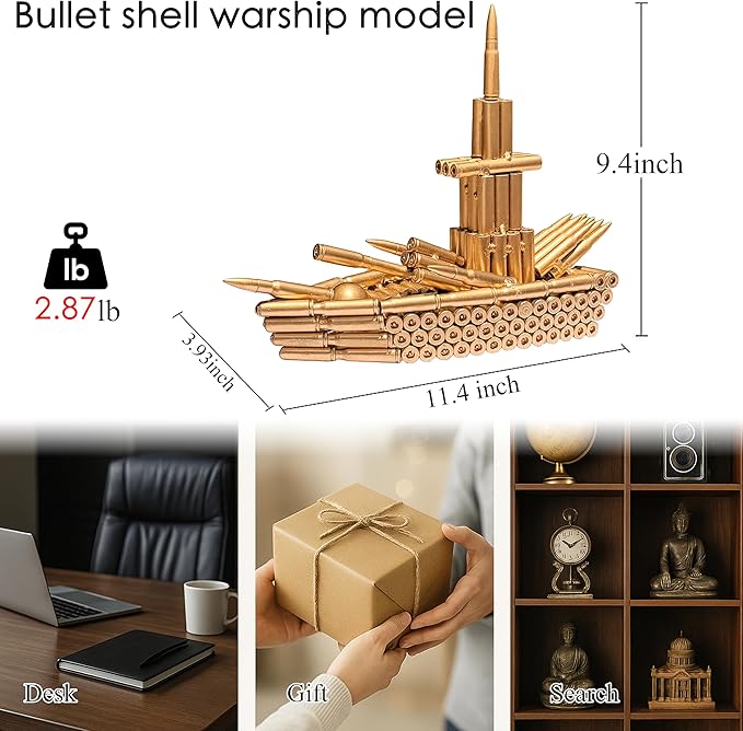Bullet Shell Military Vehicle Sculptures - Handmade Tank, Airplane, Warship Metal Art Decor for Home, Office, Study Room for Men, Veterans (Warship Model)