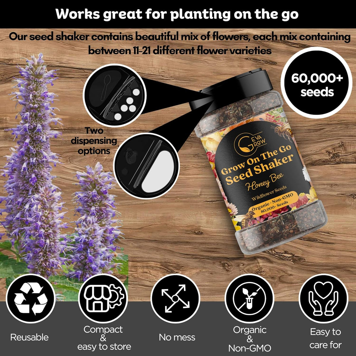 Mini Wildflower Seed Shaker – Honey Bee Wildflower Mix, by GevaGrow | Bulk 90,000+ Seeds | Pollinator Bee Attracting Flower Seeds for Planting in Pots & Outdoor Gardens | No Messy Packets