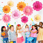 SUNBEAUTY 9 PCS Hot Pink and Orange Party Decorations Fall Large Hanging Paper Flowers Honeycomb Tissue Fiesta Sunset Autumn Decor for Birthday Thanksgiving Wedding Bridal Baby Shower Backdrop Wall
