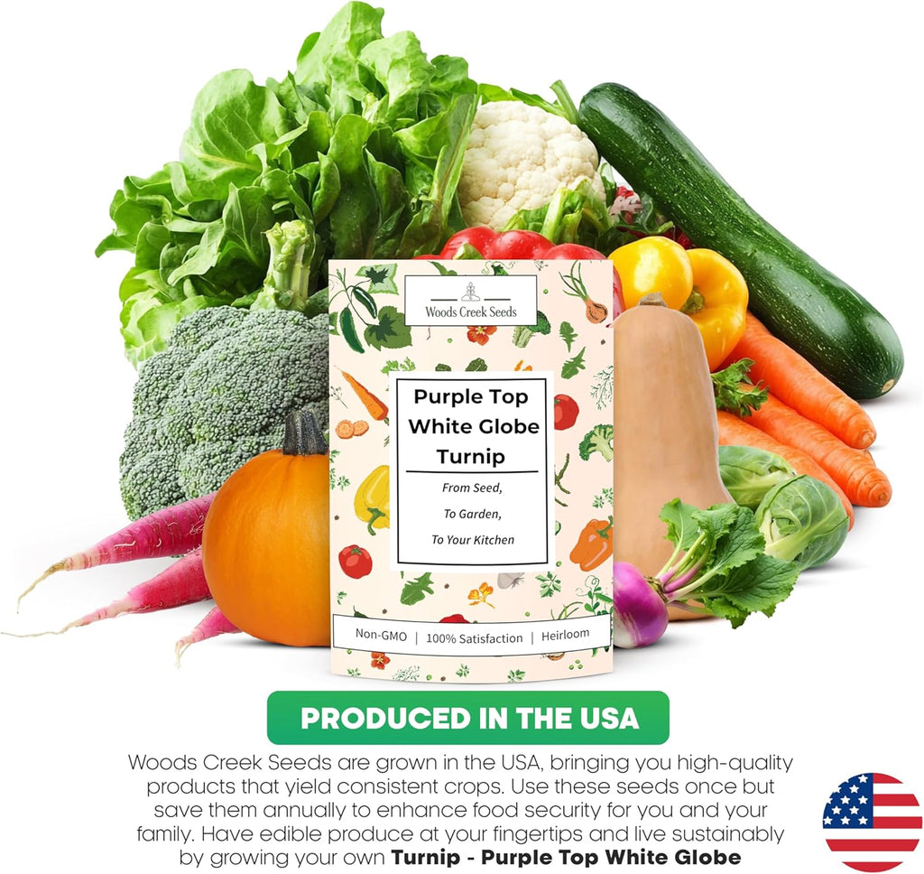 Woods Creek Seeds: Purple Top White Globe Turnip Seeds for Planting - Heirloom Root Vegetable Variety - Fast Growing Turnips with Edible Greens - Non-GMO Garden Seeds for Fall or Spring
