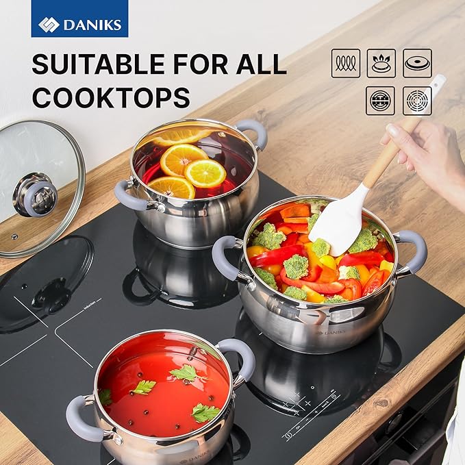 Daniks Modern Stainless Steel Stock Pot with Glass Lid – Induction 4 Quart, Dishwasher Safe, Heatproof Handles, For Soup, Pasta, Stew, Silver
