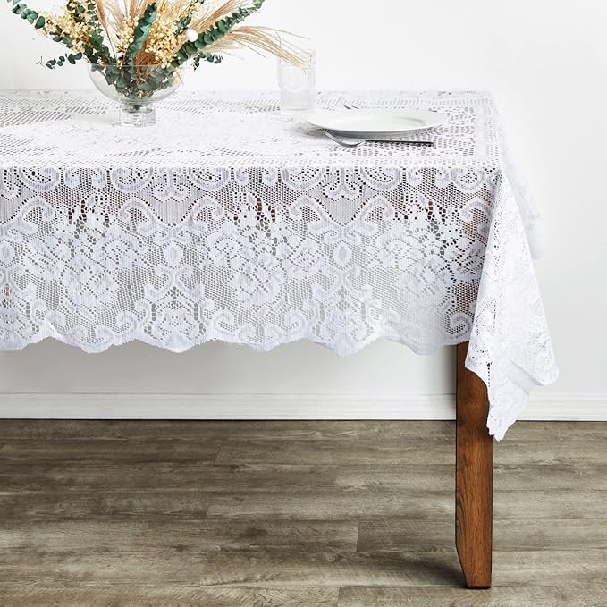 Juvale Rectangular Lace Tablecloth - White Lace, 54 x 72 in Vintage Floral Scalloped Polyester - Wedding & Tea Party Table Cloth & Baby Shower Tablecloth