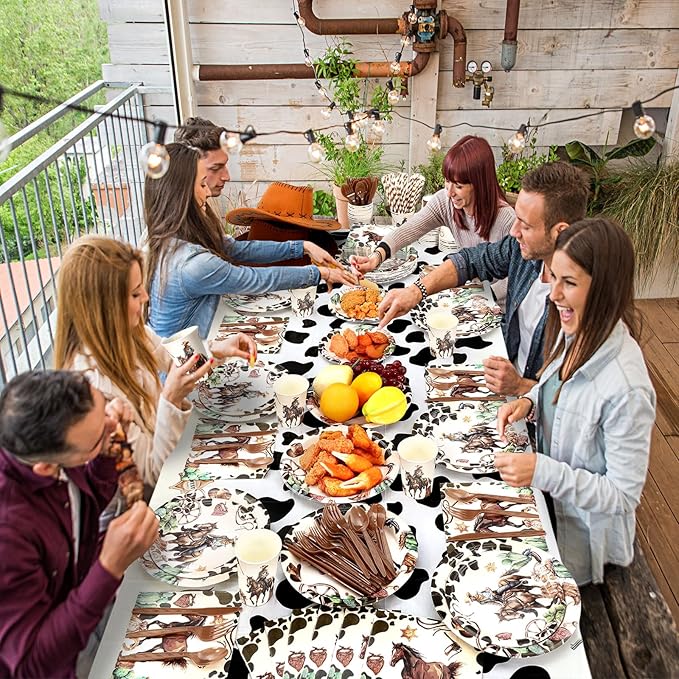452 Pcs Western Birthday Party Decorations for 50, Western Cowboy Paper Plates Cups Napkins Tablecloth Cutlery Straws Cowboy Tableware for Wild West Horse Rodeo Birthday Party Supplies