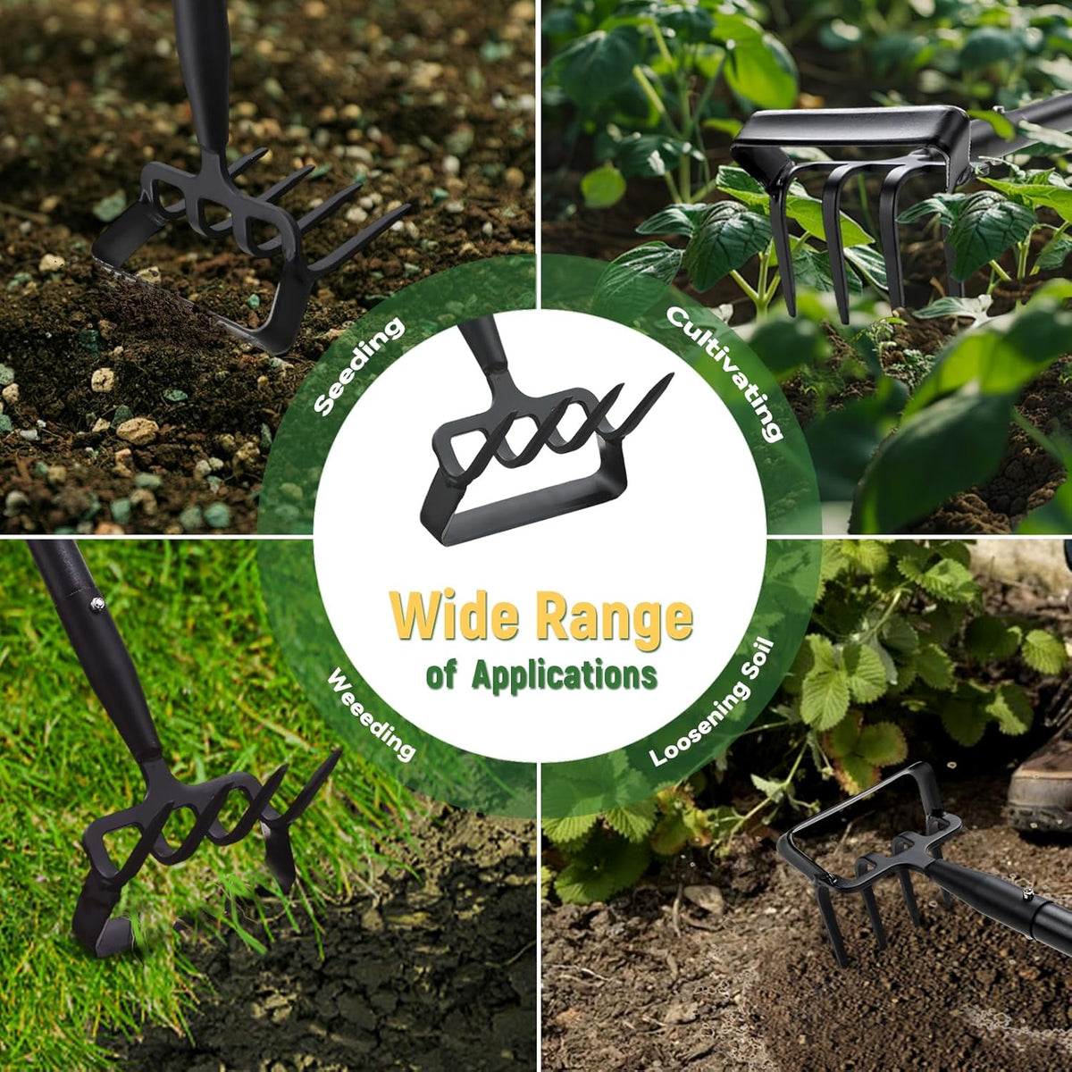 Stirrup Hoe, Heavy Duty Hula Hoe with 32-62" Adjustable Long Handle, 2 in 1 Action Hoe with Cultivator Rake, Scuffle Hoe, Hula Hoe Garden Tool for Weeding Grass, Loosening Soil, Sharp Blade, Black