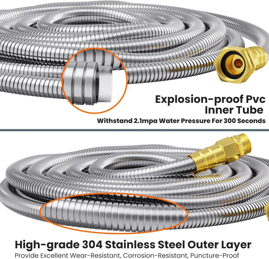 Girafe Tools Garden Hose 100ft x 5/8", 304 Stainless Steel Metal Water Hose, No Kink Garden Water Hose with 9 Pattern Spray Nozzle, Flexible, Lightweight, Kink Free Hose for Yard, Outdoor