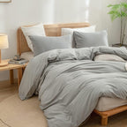 BESTOUCH Duvet Cover Set 100% Washed Cotton Linen Feel Super Soft Comfortable Chic Lightweight 3 PCs Home Bedding Set Solid Light Grey Oversized Full