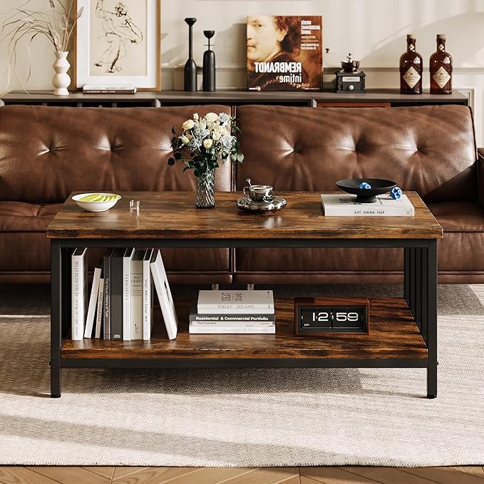 Homeiju Coffee Table for Living Room, Farmhouse Living Room Table with Slatted Sides Frame for Home Office, Apartment, 39 inch Rustic Black and Brown