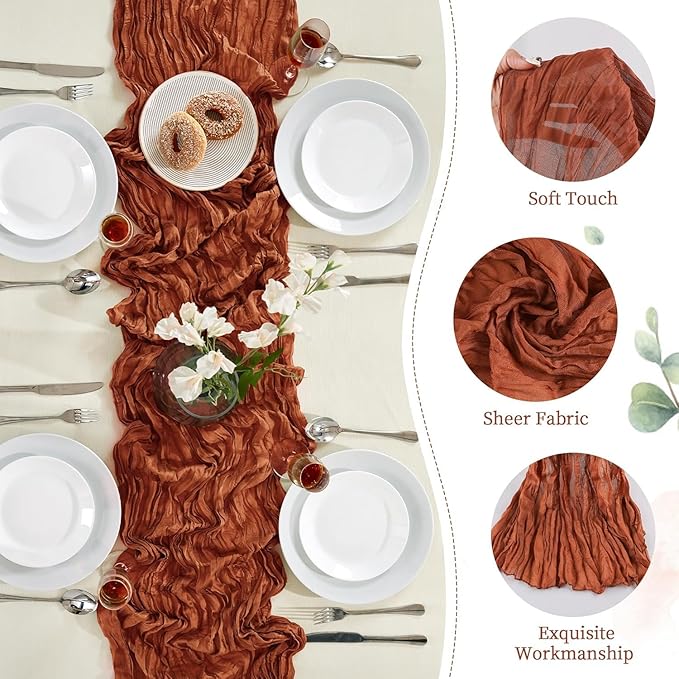 6 Pack Terracotta Cheesecloth Table Runner 10FT Long Boho Gauze Table Runner Rustic Sheer Runner for Wedding Bridal Baby Shower Birthday Party Table Decor Fall Thanksgiving Christmas Decorations