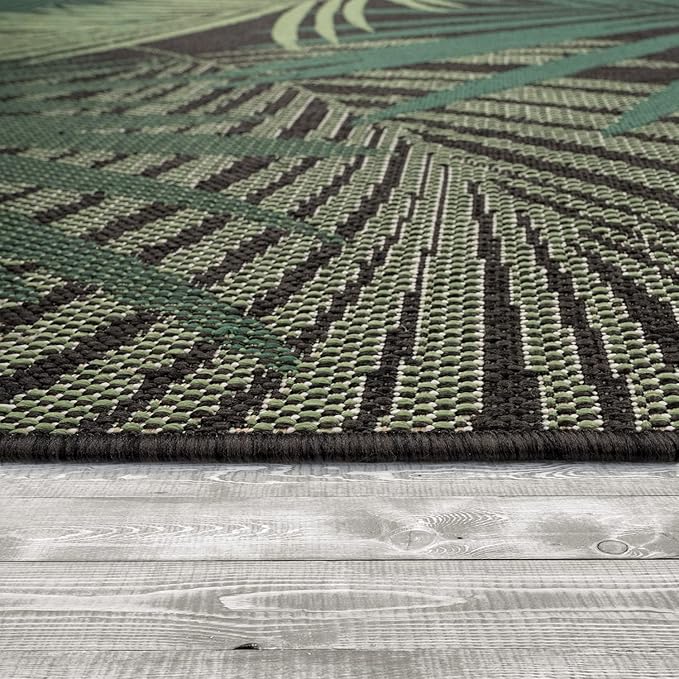 Indoor & Outdoor Rug Flat-Weave Jungle Floral Palm Trees Design Black Green, Size: 6'7" x 9'6"