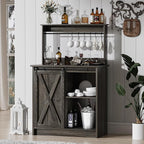 4ever2buy Farmhouse Coffee Bar Cabinet with Storage, Grey Coffee Bar with 6 Hooks, Buffet Table with Sliding Barn Door, Wine Bar Cabinet with Adjustable Shelf for Living Dining Roome