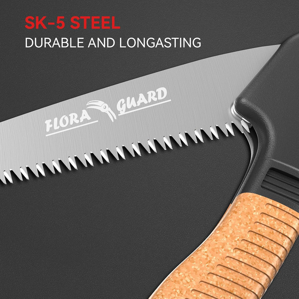 FLORA GUARD 7.7-Inch Folding Hand Saw, Camping/Pruning Saw with Rugged Professional Folding Razor Tooth Sharp Blade Solid Grip (Brown)