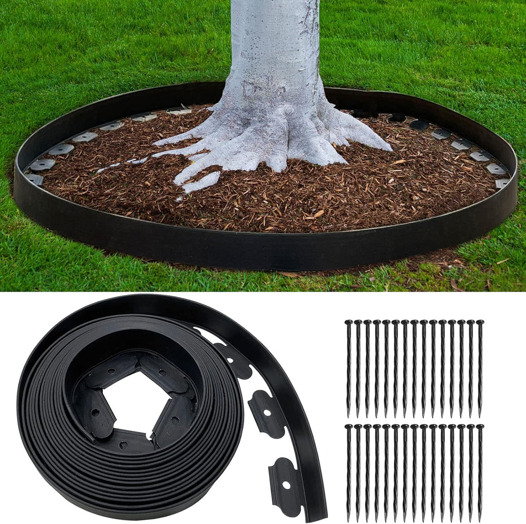 Landscape Edging 33FT, Garden Edging (4IN High) with 30pcs Spikes, Plastic Lawn Edging Flexible for Garden Flower Beds Tree Surrounds Yard Pathway, Black