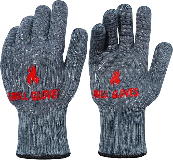 QUWIN BBQ Gloves, Oven Gloves 1472℉ Extreme Heat Resistant, Grilling Gloves Silicone Non-Slip Oven Mitts, Kitchen Gloves for BBQ, Grilling, Cooking, Baking-1 Pair… (Grey, One Size Fits Most)