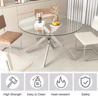 47.24" Round Glass Dining Table Modern Kitchen Glass Top Table for 6 with Silver Metal Legs, Clear Dining Table Kitchen Table for Home Office Dining Room