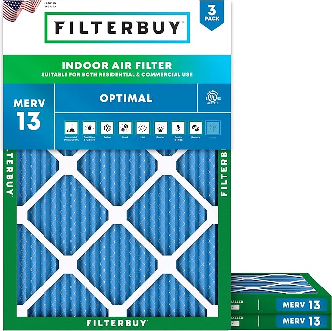 Filterbuy 12x16x1 Air Filter MERV 13 Optimal Smoke & Allergy Defense (3-Pack), Electrostatic Pleated HVAC AC Furnace Filters Replacement, Made in USA (Actual Size: 11.50 x 15.50 x 0.75)