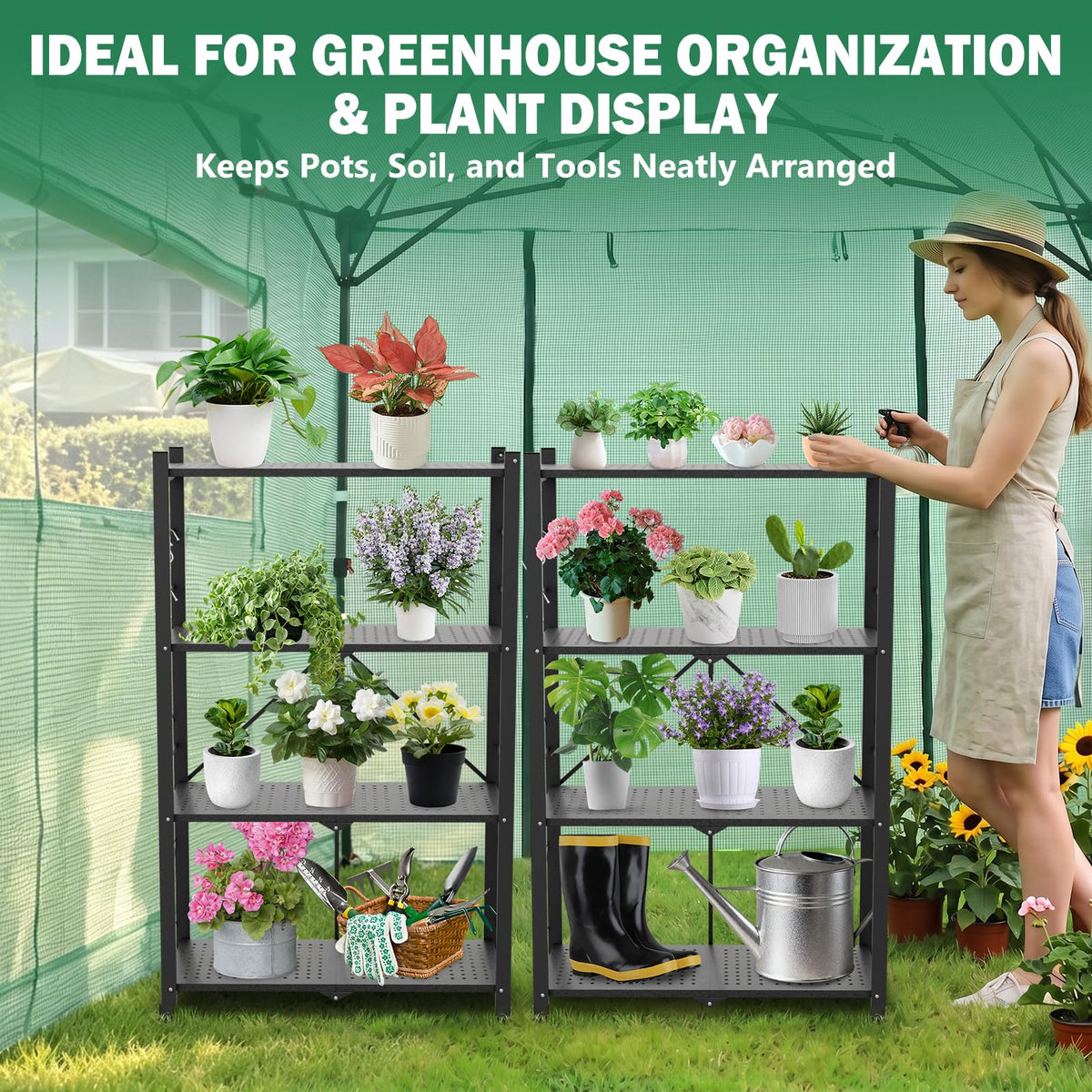 EAGLE PEAK 4-Tier Foldable Greenhouse Shelf, Heavy Duty Metal Storage Rack, No Assembly Steel Shelving Unit, Plant Stand for Greenhouse and Multi-Use Storage, 28”x14.6”x44.7”, 520 lbs, 2 Pack, Black