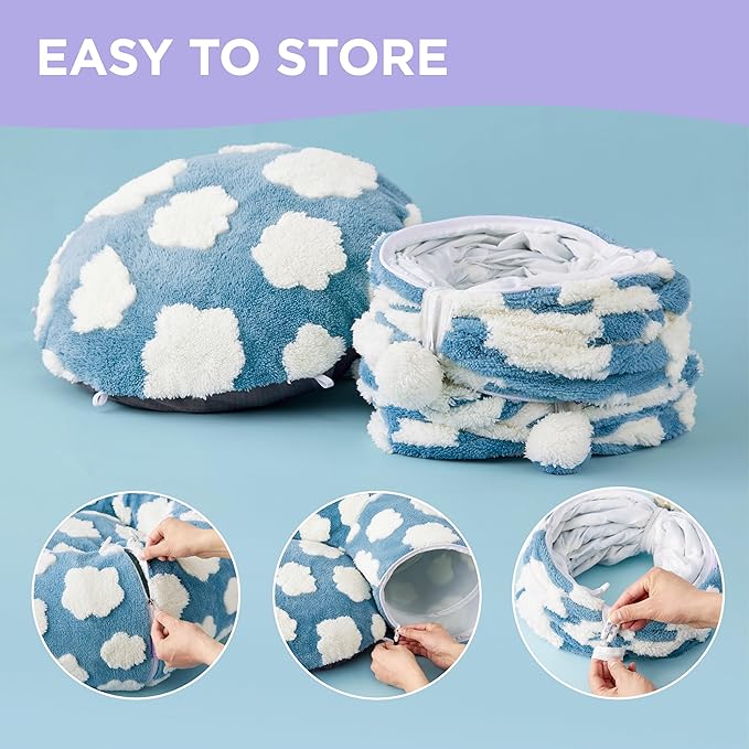 Lesure Cat Tunnel Bed for Indoor Cats - Cute Cat Donut Tunnel Toys for Small Large Cats with Washable Circle Cushion, Round Pet Peekaboo Cave Toy for Kitten/Puppy/Rabbit, Standard Cozy Clouds Blue