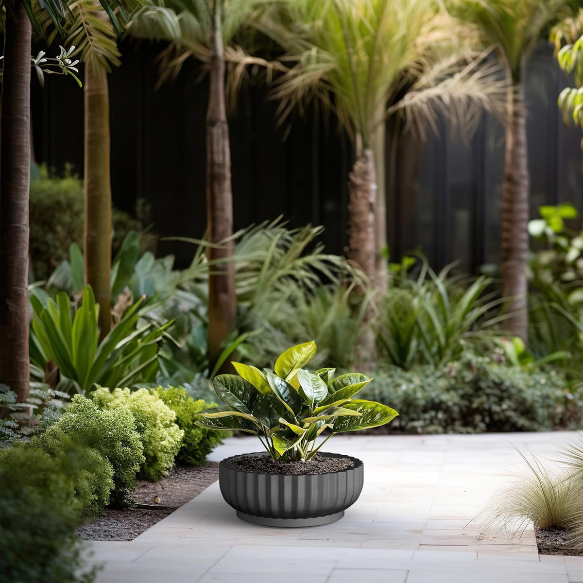 Kante Round Fulted Bowl Planter, 14.6 Inch Dia Large Concrete Flower Pots with Drainage Hole and Rubber Plug, Suitable for for Indoor Outdoor Plants, Home, Patio, Garden, Black