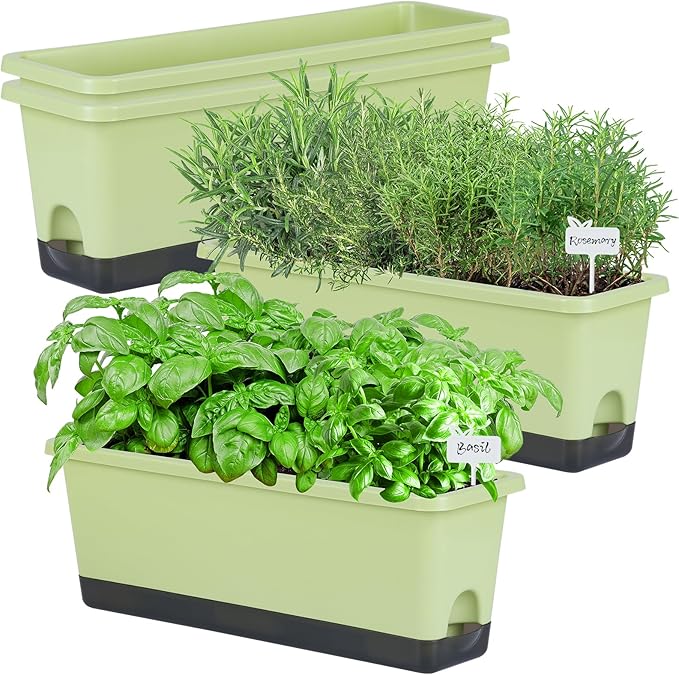 Window Box Planter 4 Packs, 17 Inches Rectangle Flower Pots with Drainage Holes & Trays, Pots for Vegetables, Herbs, Flowers, Garden Windowsill Balcony (Light Green, 17 * 5.1 * 6 inch)