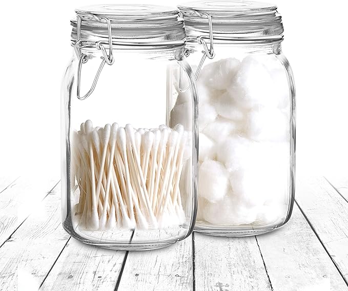 Set of 3 Mason Jars with Lid (1 Liter) | Airtight Glass Storage Containers for Food, Flour, Pasta, Coffee, Candy, Dog Treats, Snacks & More | Glass Organization Canisters | 34 Ounces