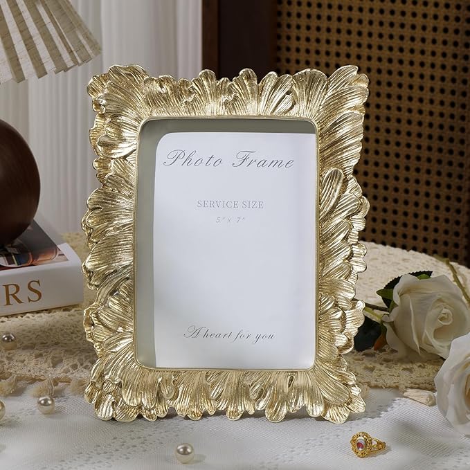 Cuspin Gold 5x7 Picture Frame, Vintage Gold Palm Leaves Textured Hand-Crafted Resin with Glass Front Elegant Retro Vintage Design Photo Frame for Wall and Tabletop Display Home Decor