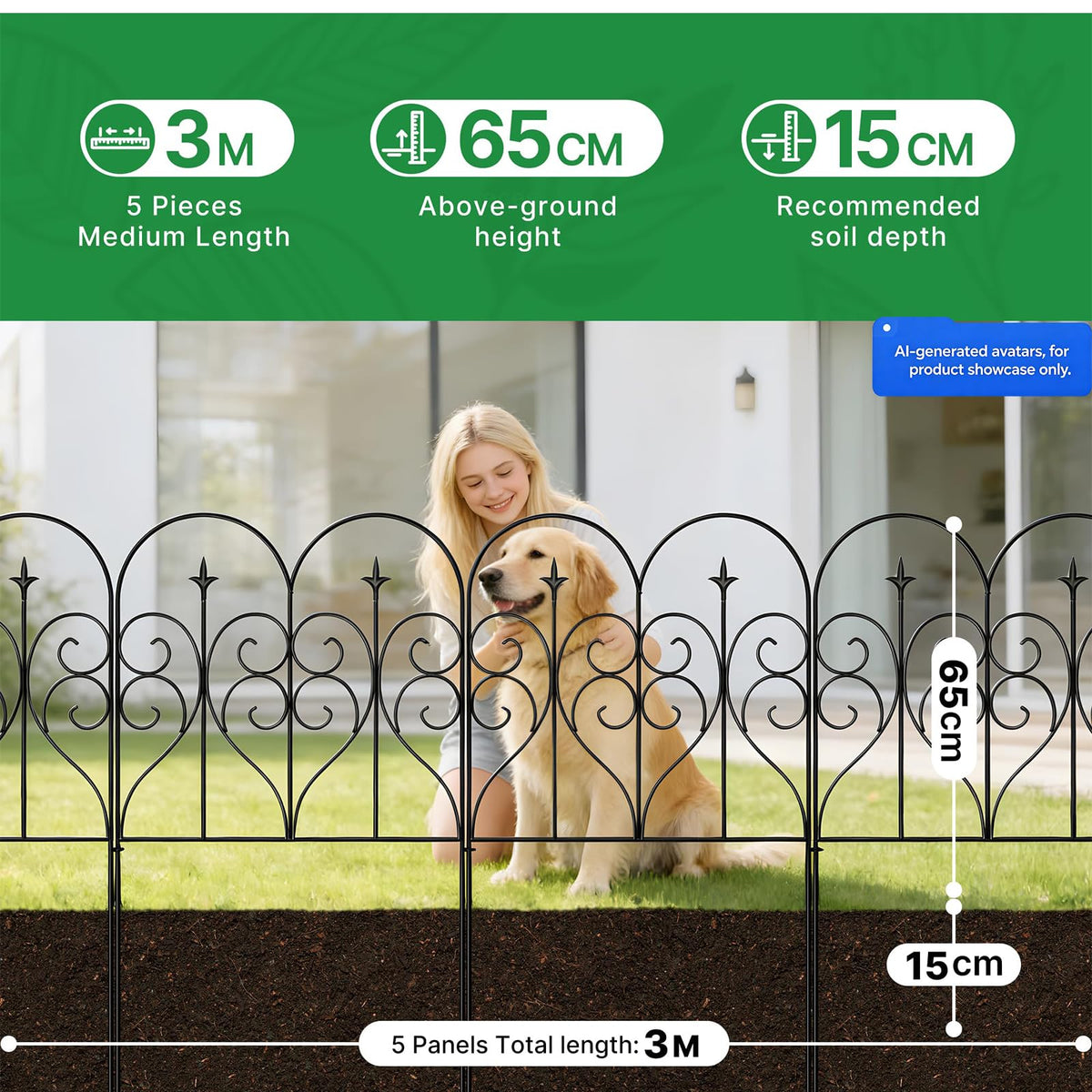 Thealyn Garden Fence 32" H x 10ft (5 Panels), No Digging Heavy Duty Metal Fence Panels, Rustproof Outdoor Dog Fence Animal Barrier, Decorative Fencing for Flower Bed, Yard, Landscape Edging