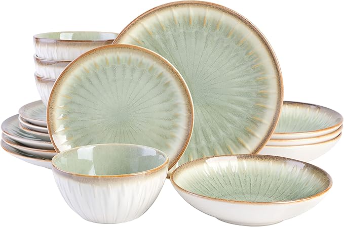 Gibson Elite Mayfair Bay Embossed Double Bowl Dinnerware Set, Service for 4 (16pcs), Green