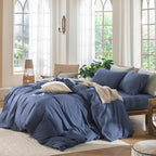 MooMee Bedding Duvet Cover Set 100% Washed Cotton Linen Like Textured Breathable Durable Soft Comfy (Heathered Blue, Super King Plus 120"x120")