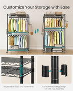 SONGMICS Heavy-Duty Rolling Clothes Rack, Garment Rack, Portable Closet, 35.4-Inch Wide Clothing Rack on Wheels, with Adjustable Mesh Shelves and Hanging Rails, Hooks, Ink Black ULGR413B01
