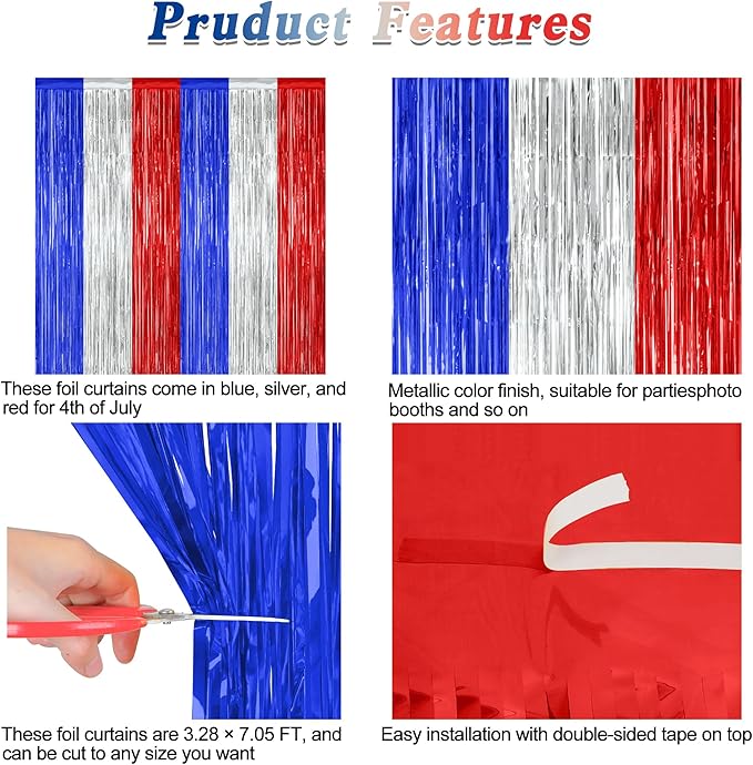 12 Pack 4th of July Decorations, 3.28 FT x 7.05 FT Patriotic Tinsel Backdrop, Metallic Blue Silver Red Fringe Curtains Party Streamer Foil Backdrop, Independence Day Party Supplies Patriotic Decor