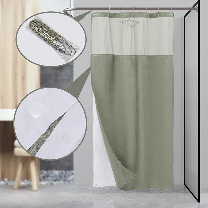 N&Y HOME Stall Waffle Weave Shower Curtain with Snap-in Fabric Liner & Hooks Set - 36" x 72" Small Shower Stall Size, Hotel Style & Mesh Top Window, Machine Washable - 36x72, Sage Green