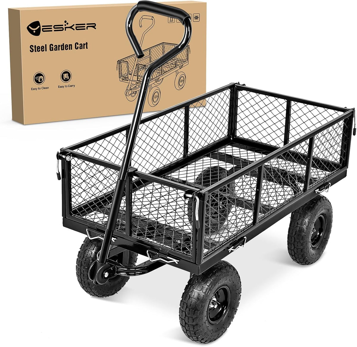 Yesker Steel Garden Carts - 800lbs Dump Wagon with All Terrain Inflatable Wheels for Yard Lawn Farms Gardening - Heavy Duty Utility Outdoor Hauling Wheelbarrow
