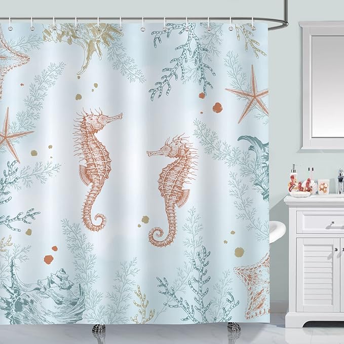 Bonhause Coastal Seahorse Shower Curtain, Blue Ocean Beach Starfish Coral Underwater Bathroom Curtain 72 x 72 Inch Polyester Fabric Waterproof Bath Curtain with 12 Hooks